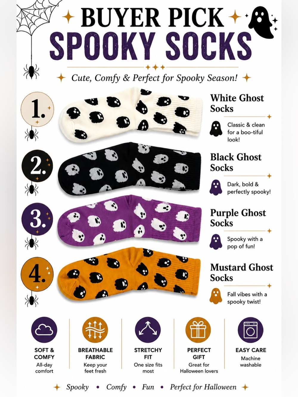 Spooky Ghost Crew Socks - White, Black, Purple, Mustard